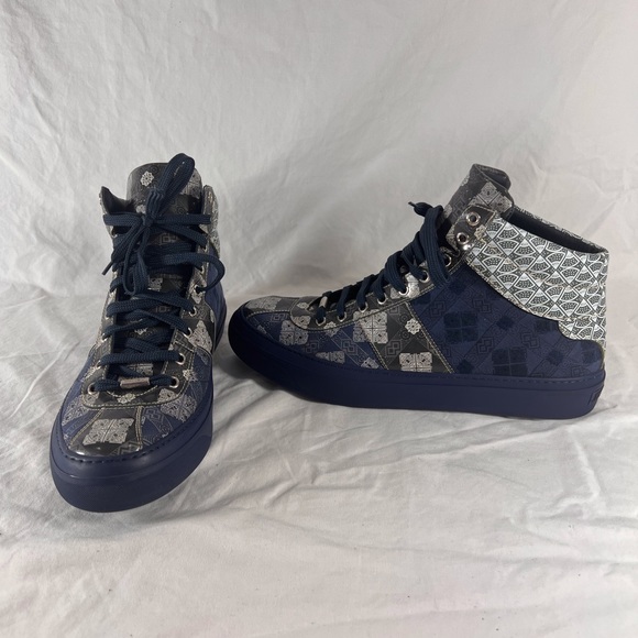 JIMMY CHOO Navy Blue Pattern Canvas Leather High Top Sneakers Marked as 45 12US - Picture 1 of 15